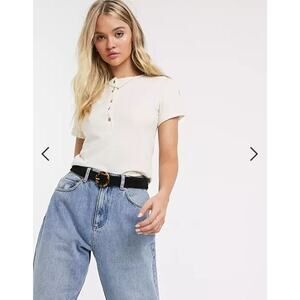 Free People What's Up Henley cream cropped short sleeve button up shirt XS